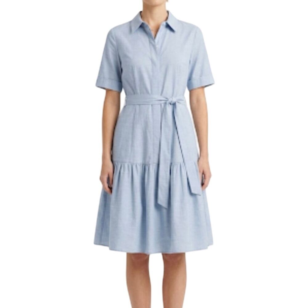 Calvin Klein Sky Blue Cotton Belted Short Sleeve Collared Shirt Dress Size 14
